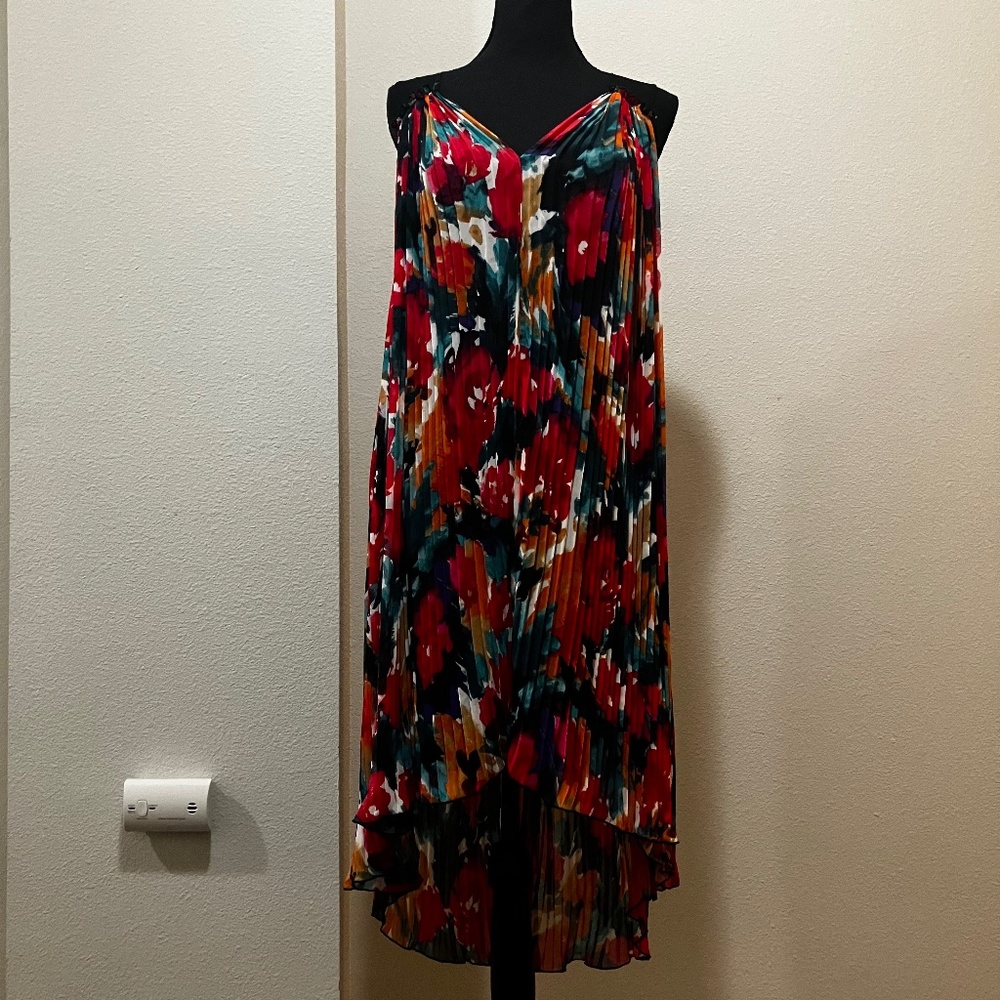 Allen B Accordian style asymmetrical sheer high low dress.